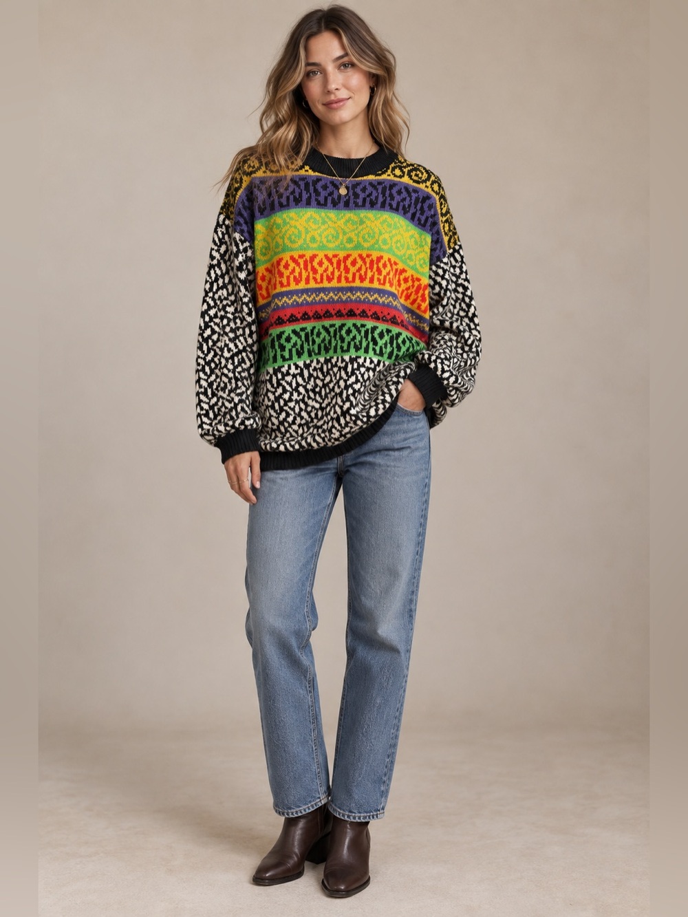 Vintage Jamie Scott Rainbow Knit Sweater M Colorblock Abstract Grandpa Style